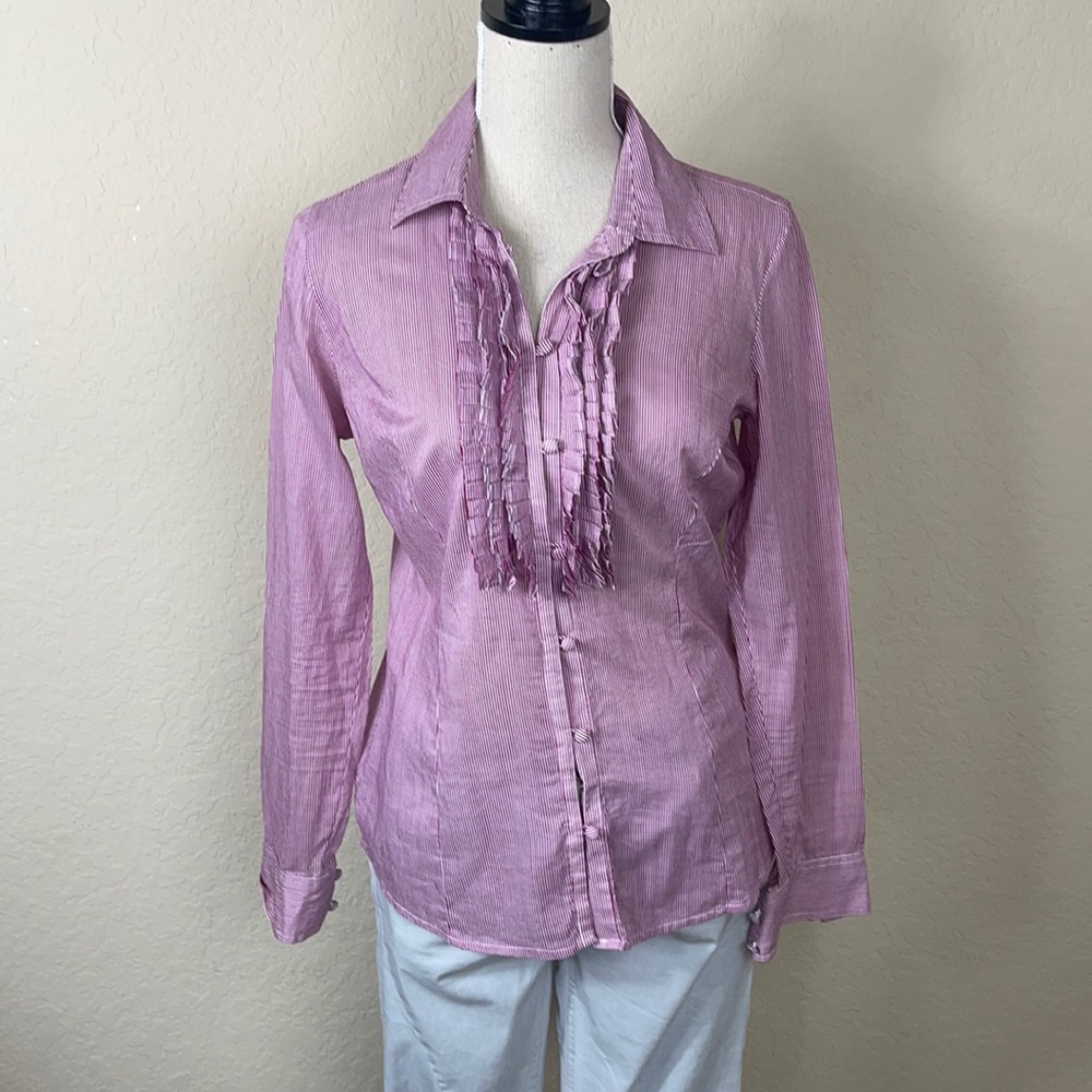 Red & White Striped Ruffle front button-down Shirt